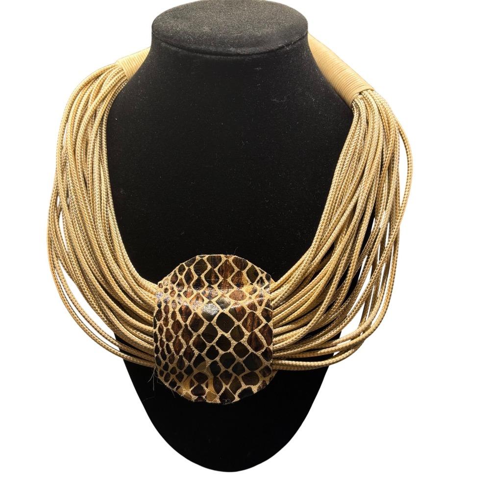 Womens Multi Strand Cord Snake Print Statement Bib Necklace Gold Tan Brown